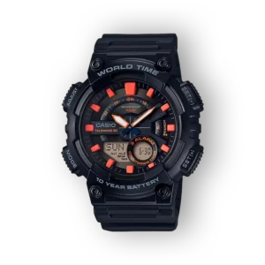 Casio fekete digitális és analóg karóra narancs részletekkel