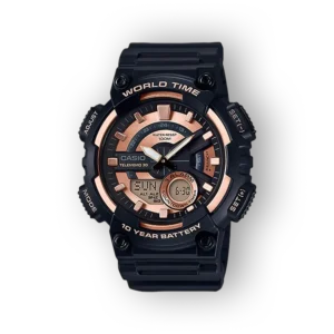 Fekete és rózsaarany Casio digitális karóra előlnézete.