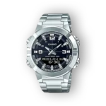 Casio ezüst digitális karóra fekete számlappal.