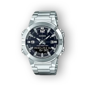 Casio ezüst digitális karóra fekete számlappal.