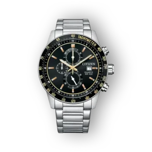 Citizen kronográf karóra fekete számlappal, elölnézetben.