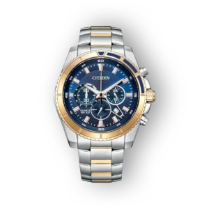Citizen kronográf karóra kék és arany számlappal.