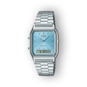 Casio klasszikus kék számlapos férfi karóra előlnézetből.