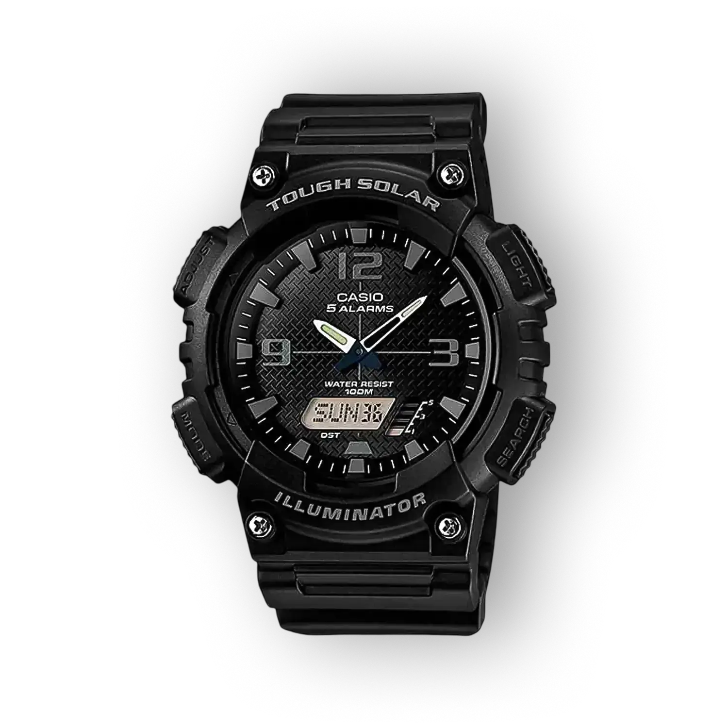 Casio fekete karóra elülső nézetben, digitális kijelzővel.