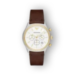 Emporio Armani férfi karóra barna szíjjal és fehér számlappal.