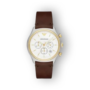 Emporio Armani férfi karóra barna szíjjal és fehér számlappal.