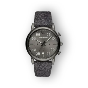 Emporio Armani szürke szíjas karóra elölnézetben.