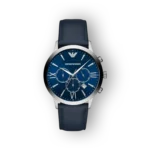 Emporio Armani férfi karóra kék számlappal és bőrszíjjal.