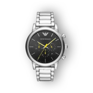 Emporio Armani karóra fekete számlappal, acél szíjjal.