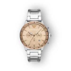 Elegáns Emporio Armani karóra ezüst szíjjal, elölnézet.