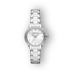 Emporio Armani női karóra ezüst fémszíjjal, előlnézetben.