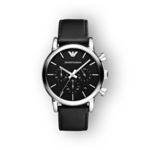 Emporio Armani fekete bőrszíjas karóra előlnézetben.