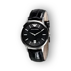 Emporio Armani elegáns fekete karóra oldalnézetben.