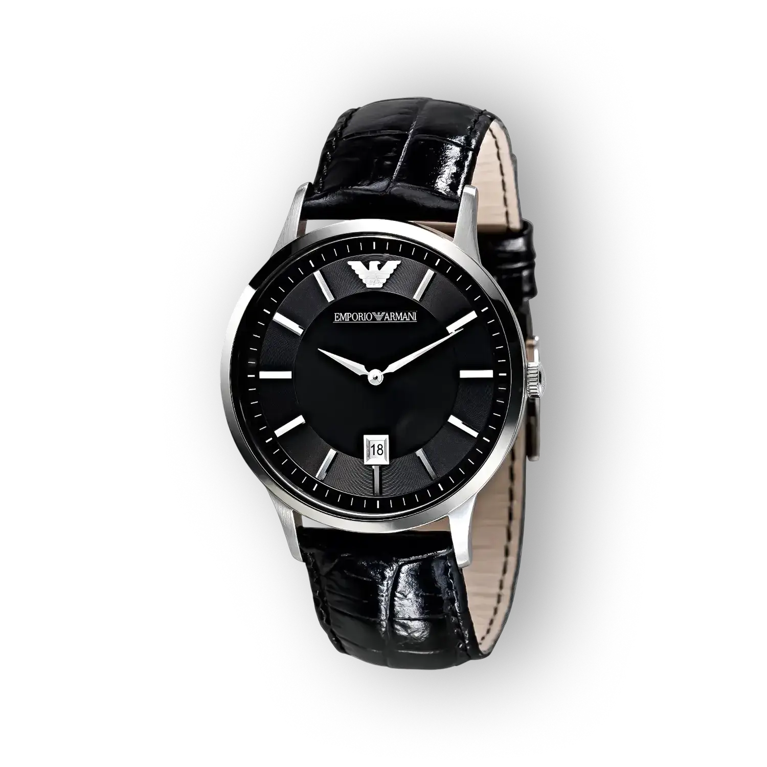 Emporio Armani elegáns fekete karóra oldalnézetben.