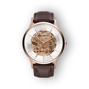 Emporio Armani AR60039, elegáns, átlátszó számlapos, barna bőrszíjas óra.