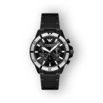 Emporio Armani Diver AR80050 fekete óra, ezüstszínű kerettel és részletes számlappal.