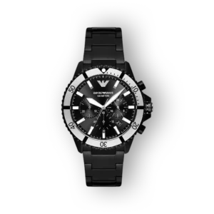 Emporio Armani Diver AR80050 fekete óra, ezüstszínű kerettel és részletes számlappal.