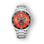 Citizen Eco-Drive búváróra, narancssárga számlappal, szemből.