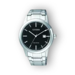 Men's Citizen Eco-Drive watch featuring a black dial, silver stainless steel case and bracelet, with a date window at 3 o'clock.