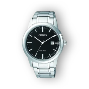 Men's Citizen Eco-Drive watch featuring a black dial, silver stainless steel case and bracelet, with a date window at 3 o'clock.
