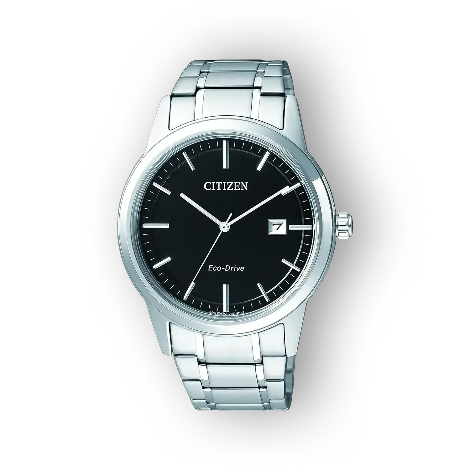 Men's Citizen Eco-Drive watch featuring a black dial, silver stainless steel case and bracelet, with a date window at 3 o'clock.