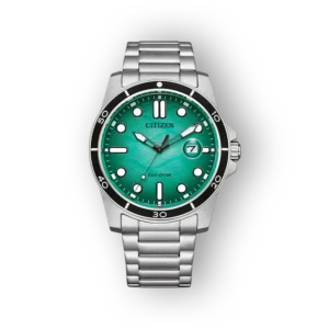 Ezüst Citizen karóra zöld számlappal előlnézetben.