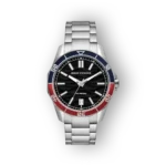 Fekete számlapos, acélbracelet-es Armani Exchange karóra piros-kék bezel kerettel.