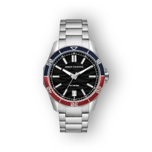 Fekete számlapos, acélbracelet-es Armani Exchange karóra piros-kék bezel kerettel.