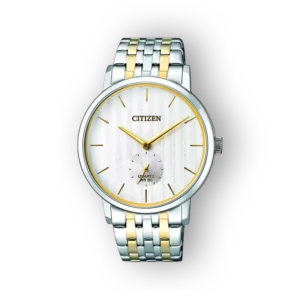 Citizen Quartz BE9174-55A elegáns, ezüst-arany színben, fehér számlappal és klasszikus karkötővel.