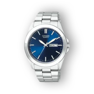 Fém szíjjal rendelkező Citizen Quartz óra, kék számlappal és hétfőt mutató dátumkijelzővel.