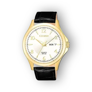 Citizen aranyóra fekete szíjjal előlnézetben.