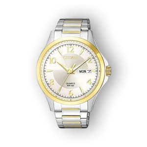 Ezüst és arany színű Citizen Quartz BF2005-54A karóra, hétfői dátummal és vízállósággal.