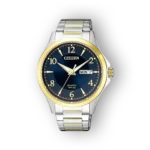 Citizen Quartz BF2005-54L karóra, kék számlap, ezüst és arany színű fém szíjjal, dátumkijelző funkcióval.