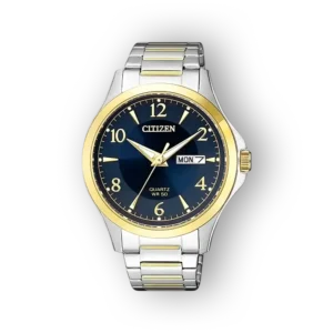 Citizen Quartz BF2005-54L karóra, kék számlap, ezüst és arany színű fém szíjjal, dátumkijelző funkcióval.