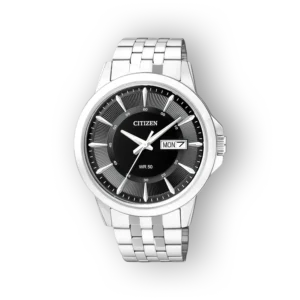 Citizen Quartz BF2011-51E ezüst szíjjal és fekete számlappal, hétfői dátumkijelzéssel.