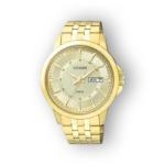 Arany színű Citizen BF2013-56PE óra, hétfői dátummal és vízállósággal.