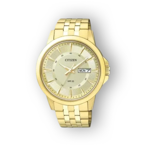 Arany színű Citizen BF2013-56PE óra, hétfői dátummal és vízállósággal.