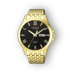 Citizen Quartz BF2022-55H arany színű karóra fekete számlappal, hétfői dátummal és láncszíjjal.