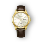 Aranyszínű Citizen quartz óra, fehér számlappal és barna bőr szíjjal, hétfői dátummal.