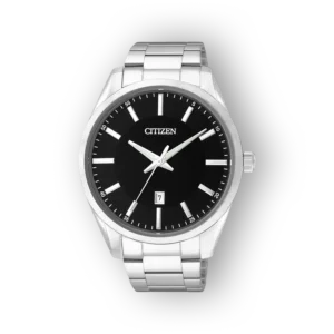 Fekete számlapos Citizen Quartz karóra ezüst szíjas kivitelben, dátumkijelzővel.