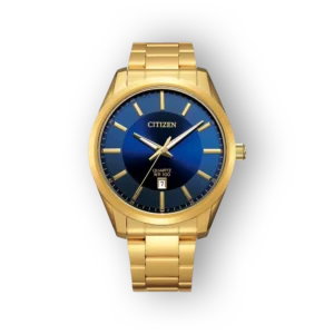 Citizen Quartz BI1032-58L arany színű karóra kék számlappal és dátum kijelzővel.