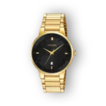 Arany színű Citizen karóra fekete számlappal előlnézetben.