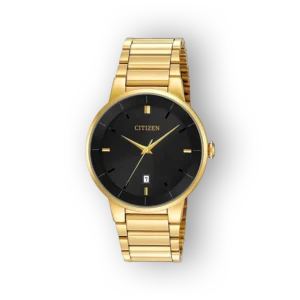 Arany színű Citizen karóra fekete számlappal előlnézetben.