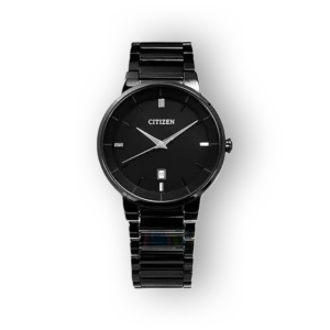 Fekete számlapos Citizen Quartz karóra fémdokkal és elegáns dizájnnal.