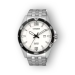 Ezüst színű Citizen Quartz BI5051-51A óra, fehér számlappal és fekete kerettel, dátumértékeléssel.