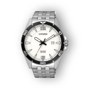 Ezüst színű Citizen Quartz BI5051-51A óra, fehér számlappal és fekete kerettel, dátumértékeléssel.