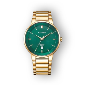 Citizen BI5123-52X zöld számlapos, arany színű quartz óra, dátumkijelzővel és vízállósággal.