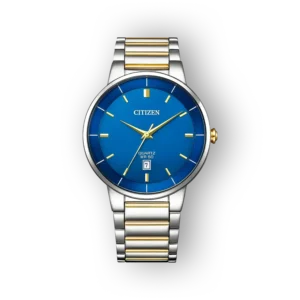 Citizen karóra kék számlappal és fémszíjjal előlnézetben