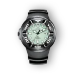 Citizen Promaster BJ8055-04X fekete búváróra világító zöld számlappal és szilikon szíjjal.