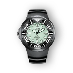 Citizen Promaster BJ8055-04X fekete búváróra világító zöld számlappal és szilikon szíjjal.
